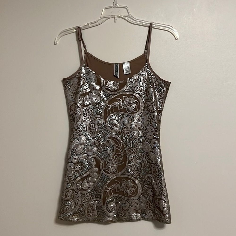 BKE Women Taupe‎ Brown Silver Sequin Paisley Camisole Top Adjustable Straps M